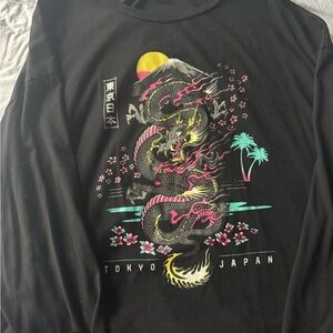 SHEIN Black Long Sleeve Tee with Neon Dragon Graphic